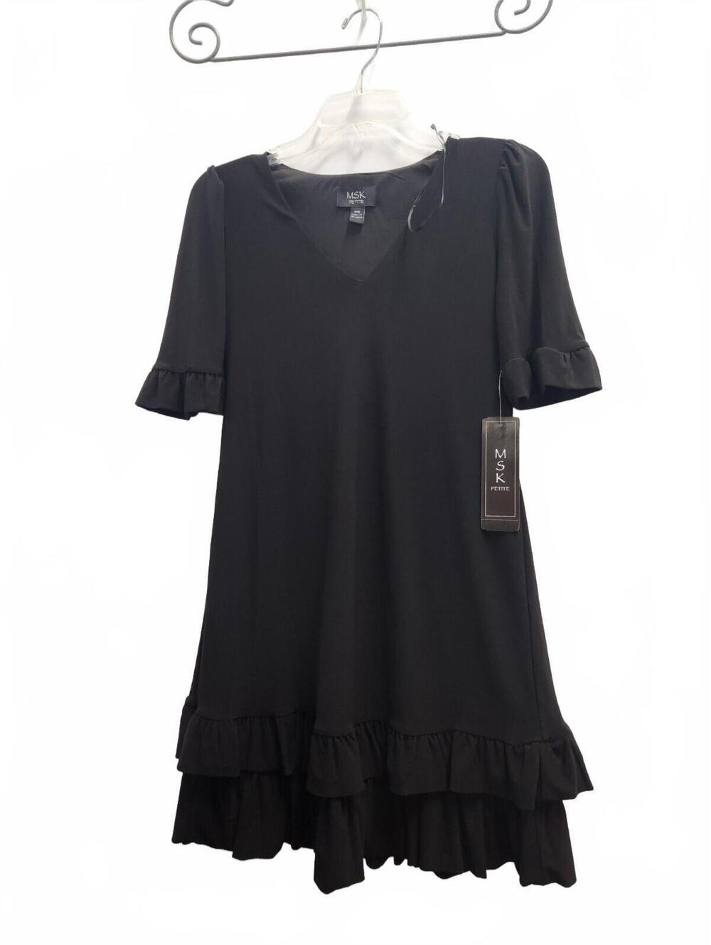 MSK Women's Petite Small Black Dress Short Sleeve Ruffle Hem PS New Tags